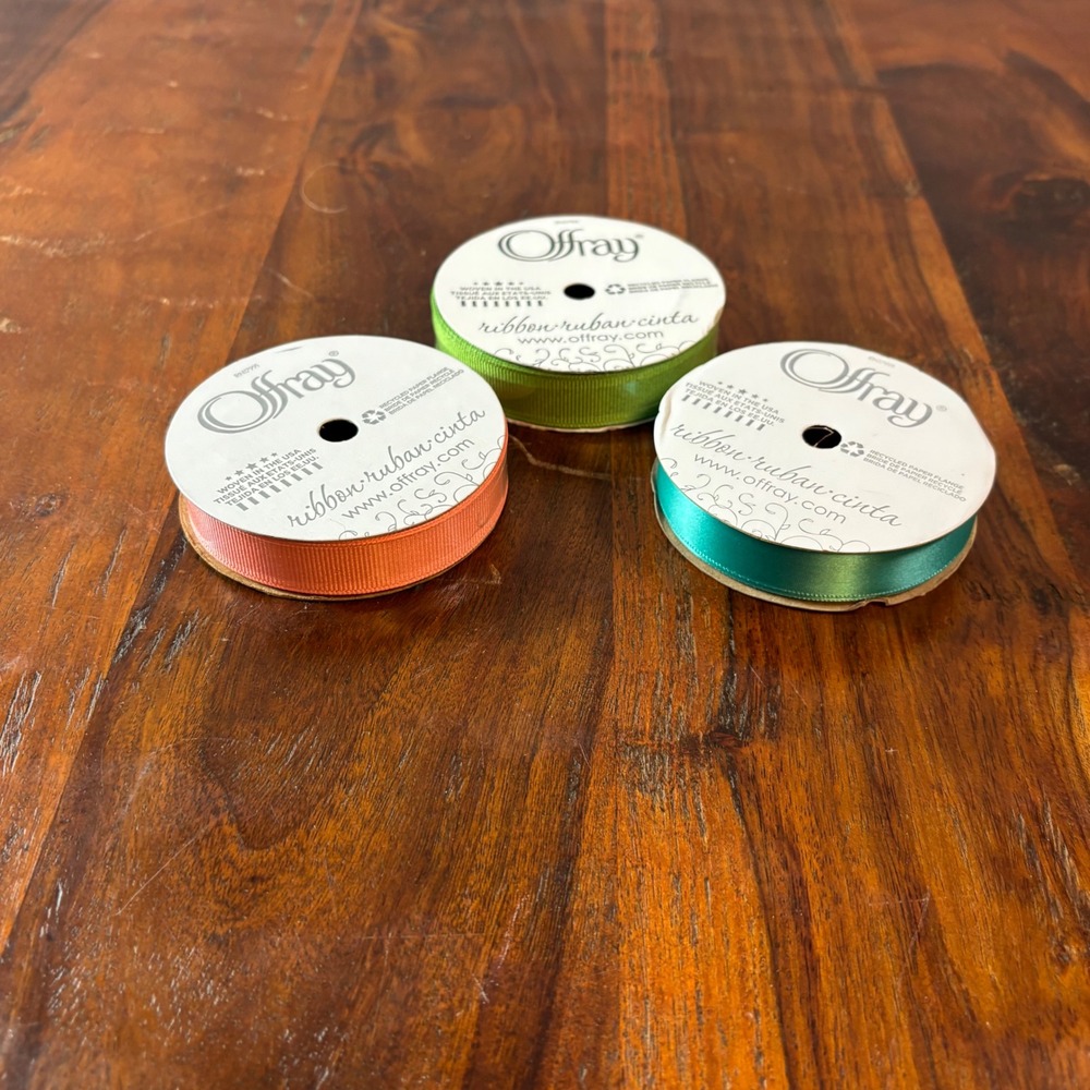 Offray 5/8" Ribbon Bundle Green‎ Coral Teal Grosgrain Satin 3 Spools 60ft Total